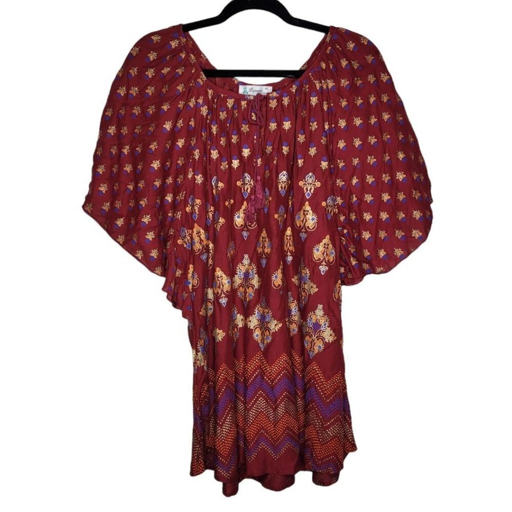 Lapogee Blouse XL Boho Chic Off Shouler Top Floral Red drawstring neck